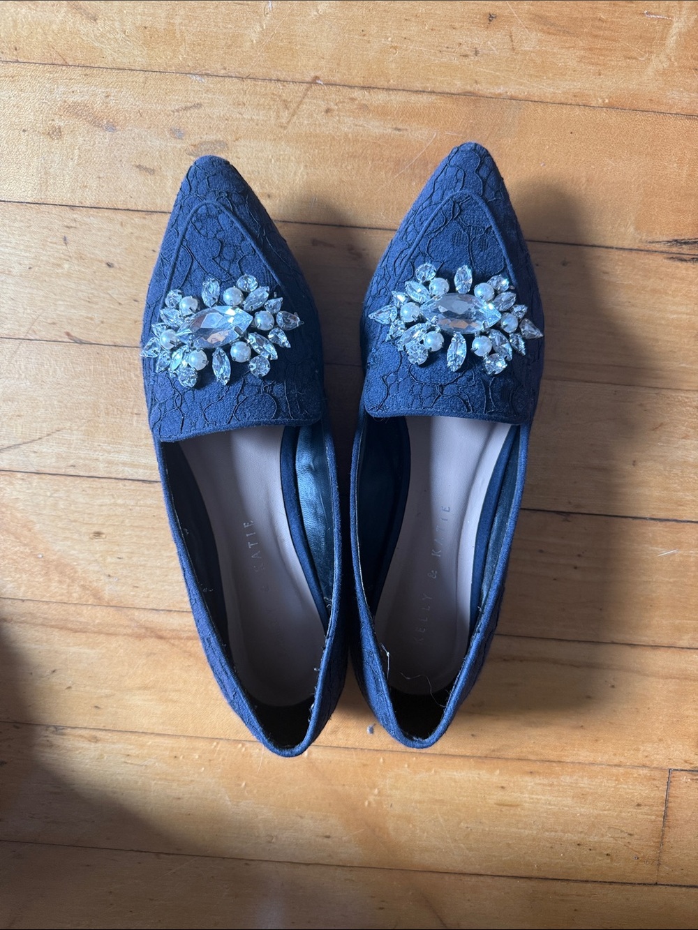Kelly & Katie Navy Lace Pointed Toe Flats with Crystal Brooch